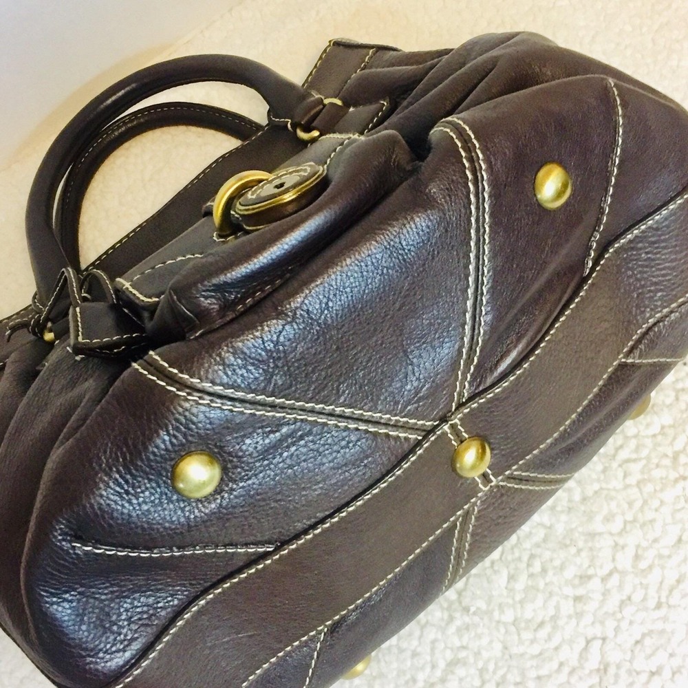 Buti Italy Dark Brown Pebbled Leather Satchel Handbag Contrast Stitch Brass Lock - Picture 2 of 14